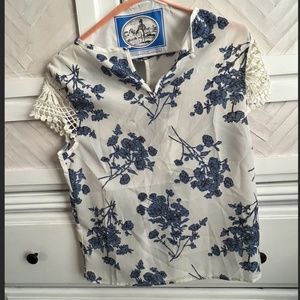 White and Blue floral Print top with Lace Sleeves